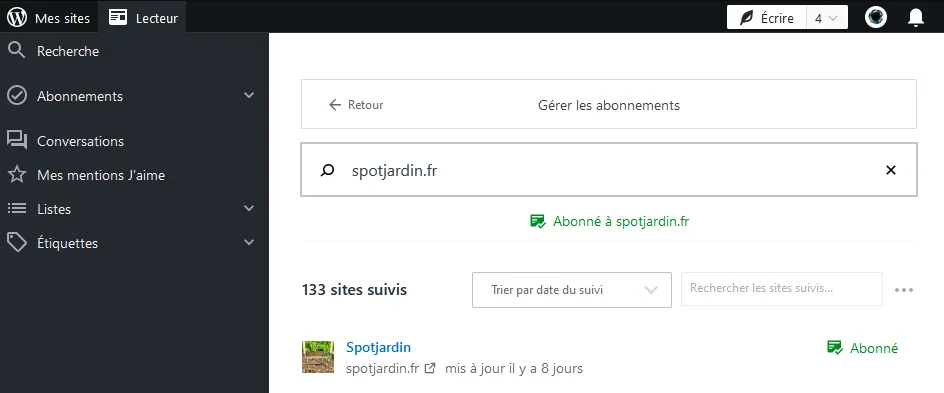 Confirmation de l'abonnement dans le lecteur de wordpress.com