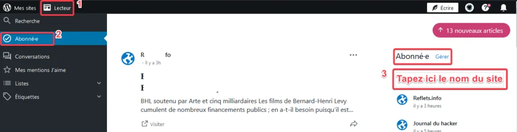Recherche dans le lecteur de wordpress.com