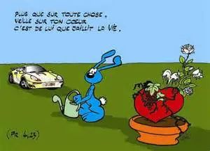 Dessin d'un lapin bleu avec un arrosoir